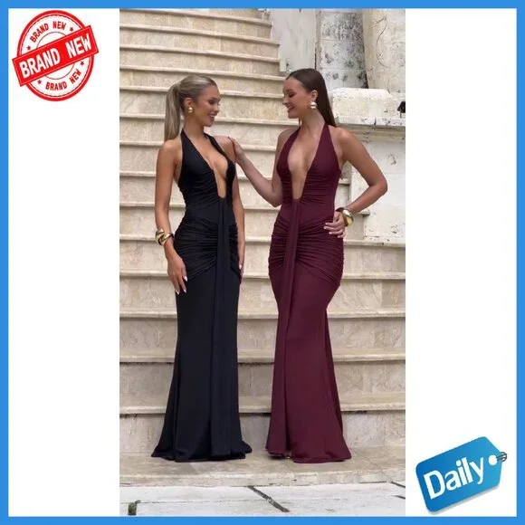 Deep V Neck Ruched Maxi Dress Formal Halter Gown Cocktail Evening - Picture 8 of 8